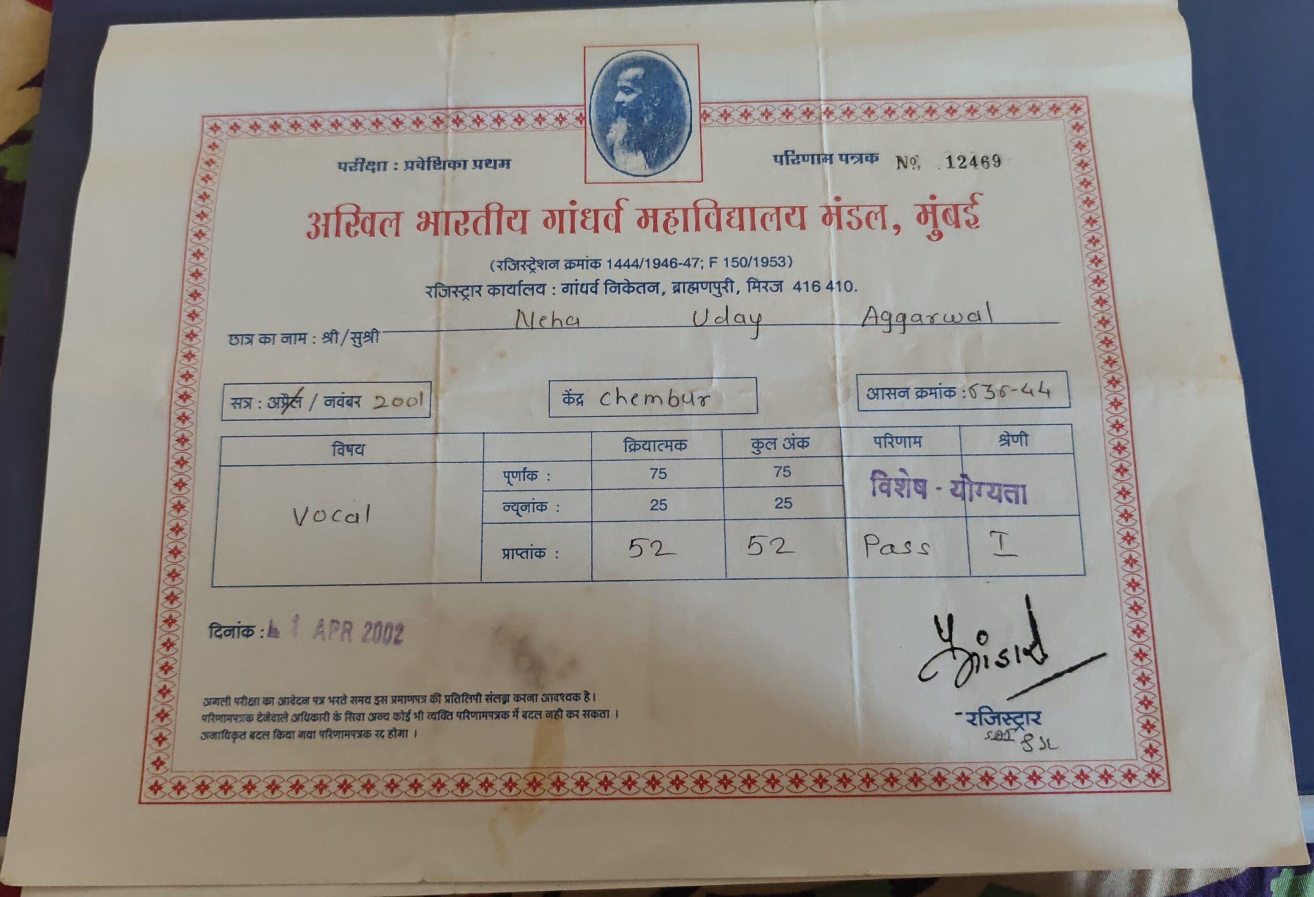 Certificate Of Praveshika Pratham