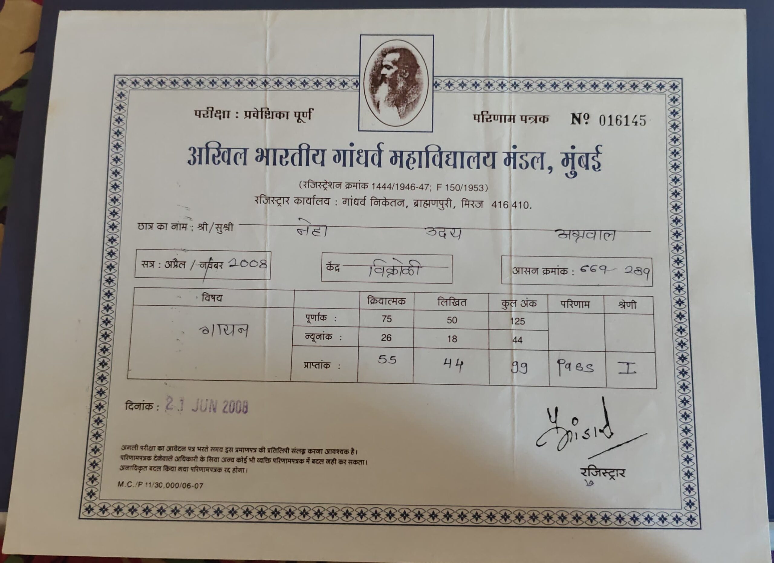 Certificate Of Praveshika Purna